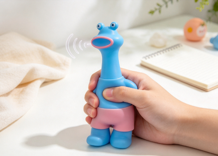 Hand squeezing blue squeaky stress toy on home table, vocalization toy for stress relief and sensory interaction.